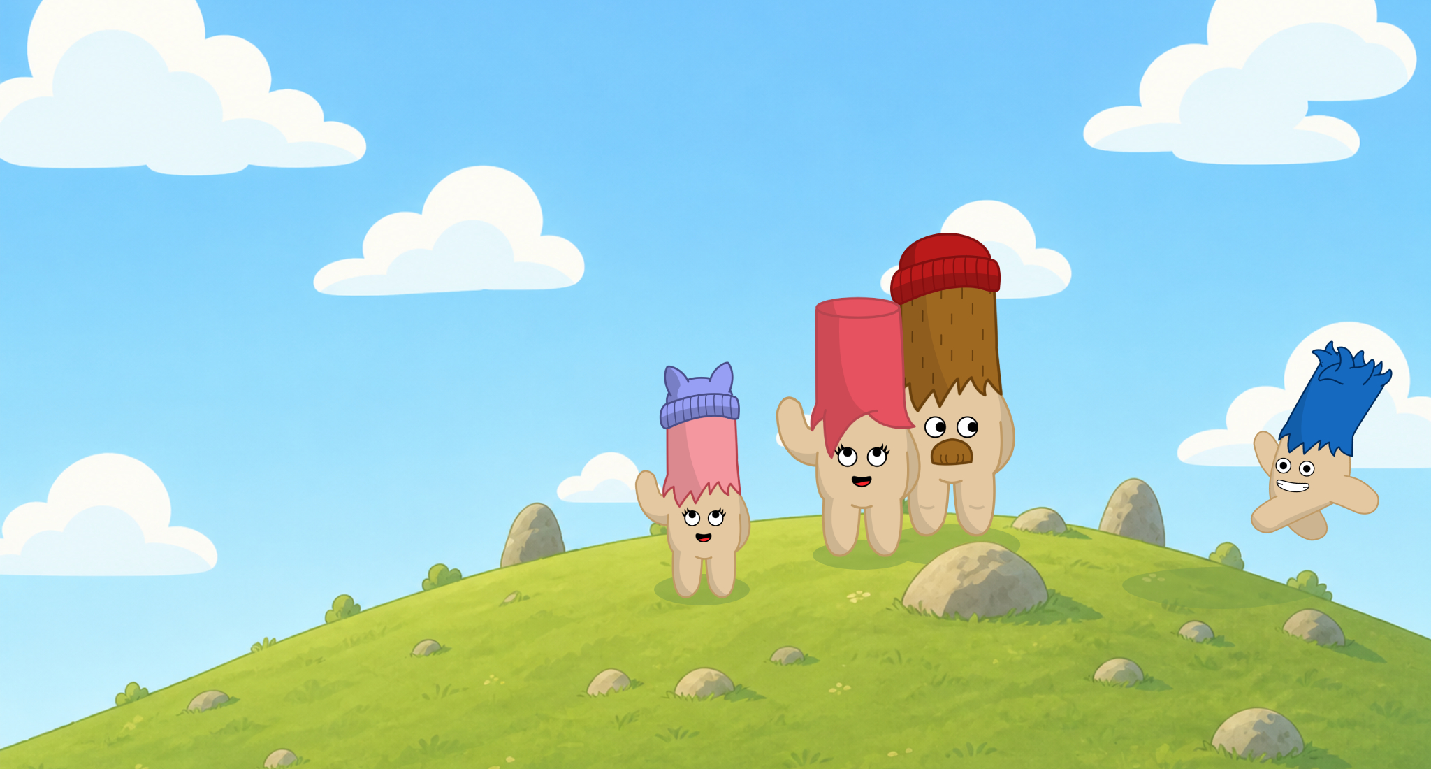 The Handerson family standing on a green hill under a blue sky